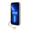 A gold-colored iPhone 14 Pro Max in a brown hard case with a gold charm attached to the bottom. Náhled obrázku produktu