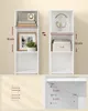 Collage showing two white, narrow bookshelves side-by-side with decorative items and measurements indicating shelf heights. A close-up inset shows shelf support details. Produktbild-Vorschau