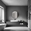 A modern, minimalist bathroom with a freestanding bathtub, a vanity with a sink and mirror, and storage shelves. Náhľad obrázku produktu