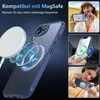 Collage showing a blue iPhone case with MagSafe compatibility, demonstrating its use with a charger and in a car. Náhled obrázku produktu