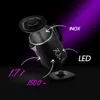A black electric kettle with its lid open, displayed at an angle on a dark background with purple lighting. Text overlays highlight its features. Podgląd zdjęcia produktu