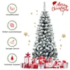 A flocked artificial Christmas tree with presents at its base, surrounded by decorative snowflakes and feature icons. Produktbild-Vorschau