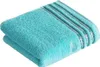 A folded turquoise towel with decorative stripes on a white background. Produktbild-Vorschau