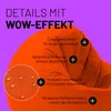 Close-up of an orange beanbag with text overlays highlighting its features. Voir les images du produit