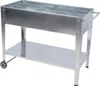 A silver metal raised garden bed with wheels and a lower shelf, shown against a white background. Produktbild-Vorschau