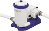 A white and blue pool filter pump with hoses attached, shown on a white background. Voir les images du produit