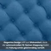 A close-up of a tufted blue fabric surface, likely a cushion or upholstery, with overlaid German text describing its features. Produktbild-Vorschau