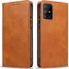 A brown leather flip case for a smartphone is shown from two angles. Produktbild-Vorschau