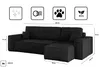 A diagram showing the dimensions of a black sectional sofa with an ottoman, along with icons representing features. Produktbild-Vorschau