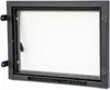 A close-up studio shot of a black metal fireplace door with a white insert and gray sealing. Anteprima dell’immagine prodotto