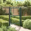 A green metal garden gate is open, leading into a garden with manicured bushes and a paved walkway. Produktbild-Vorschau