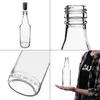 A collage of four images showing a clear glass bottle with a black screw-on cap, details of the bottle's neck and base, and a person holding a bottle. Produktbild-Vorschau