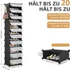A tall, multi-tiered shoe rack filled with shoes, alongside a smaller, single-tier shoe organizer. Text overlays provide product specifications and features. Voir les images du produit