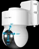 A white outdoor security camera with directional arrows indicating its movement range. Anteprima dell’immagine prodotto