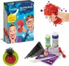 A collage of images showing a science kit for making squishy balls, including the packaging, components, and a hand squeezing a finished ball. Náhled obrázku produktu