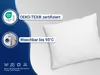 A white quilted pillow is shown on a light gray background, with marketing text and logos on the left side. Produktbild-Vorschau