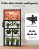 A multi-tiered shelving unit filled with plants, with text overlays highlighting product features. Produktbild-Vorschau