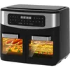 A black and silver dual-zone air fryer with food visible inside the transparent compartments. Produktbild-Vorschau