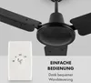 A black ceiling fan with three blades and a separate white wall control unit is shown. Produktbild-Vorschau