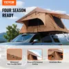 A rooftop tent is mounted on a car, with feature callouts at the bottom. Náhled obrázku produktu