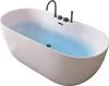 A white freestanding bathtub filled with blue water, with black fixtures. Náhled obrázku produktu