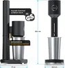 A black and silver electric drink mixer is shown in two views, with dimensions and certification logos. Náhľad obrázku produktu