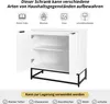 A white cabinet with its doors open, showcasing its interior shelves. Icons and text above and below the cabinet illustrate its storage capabilities. Produktbild-Vorschau