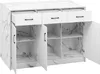 A white kitchen island with a marble-like pattern, featuring three drawers and three cabinet doors, all open. Voir les images du produit