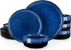 A set of blue and black ceramic dishes, including plates and bowls, arranged on a white background. Voir les images du produit