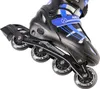 A close-up shot of a black and blue inline skate. Voir les images du produit