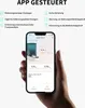 A hand holding a smartphone displaying a pet feeder app interface, with marketing text and icons above. Produktbild-Vorschau