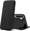 A black flip case for a smartphone is shown, with the phone partially inserted and its camera array visible. Produktbild-Vorschau