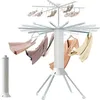 A white drying rack with clothes and socks hanging on it, set against a white background. A separate white cylindrical object is visible to the left. Produktbild-Vorschau