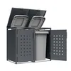 A dark gray metal trash bin enclosure with two compartments, each with a lid and a door. One compartment contains a light gray trash can. Produktbild-Vorschau