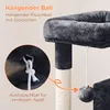 Close-up of a cat tree with a hanging plush ball and a detailed inset showing how it attaches. Produktbild-Vorschau