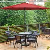 An outdoor patio scene with a red umbrella, table, and chairs, on a rainy day. Voir les images du produit