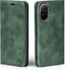 A green flip case for a smartphone is shown from two angles, open and closed. Produktbild-Vorschau