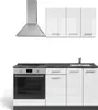 A modern, white high-gloss kitchen unit with a silver extractor hood. Produktbild-Vorschau