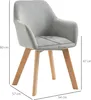A gray upholstered chair with wooden legs, showing dimensions. Podgląd zdjęcia produktu