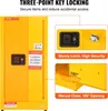 A yellow safety cabinet with close-up views of its locking mechanism and door opening. Produktbild-Vorschau