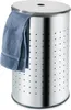 A silver laundry hamper with a blue towel draped over the edge. Produktbild-Vorschau