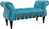 A turquoise upholstered bench with decorative tassels and black legs, presented on a white background. Produktbild-Vorschau