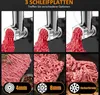 Collage showing a meat grinder producing ground meat with different plate sizes. Produktbild-Vorschau