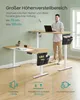 A man is standing next to a height-adjustable desk, demonstrating its use. The desk is shown in two different height configurations, with one part extended. The image also includes icons and text highlighting the desk's features. Produktbild-Vorschau