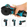 A hand holding a cordless angle grinder, with three smaller images of the grinder below. Náhled obrázku produktu