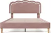 A pink upholstered bed frame with a scalloped headboard and wooden legs, shown from the front without a mattress. Produktbild-Vorschau