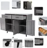 A collage of images showcasing a gray sideboard kitchen cart with various features and details. Produktbild-Vorschau