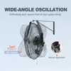 A black oscillating wall fan is shown mounted on a bracket, with ghosted images indicating its range of motion. Text overlays describe its features. Anteprima dell’immagine prodotto