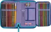 An open pencil case with colored pencils, a pen, a ruler, and an eraser. Produktbild-Vorschau
