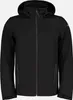 A black men's softshell jacket with a hood, shown front-on against a white background. Produktbild-Vorschau